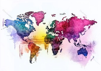 Colorful Artistic World Map Illustration with Watercolor Effects Depicting Continents and Oceans in Vibrant Shades of Blue, Pink, Yellow, and Purple for Creative Projects