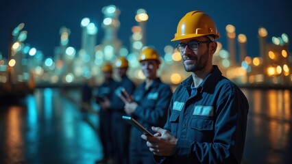 Workers wearing hard hats and uniforms are using mobile devices while standing in a row at night. The background features brightly lit industrial structures and equipment
