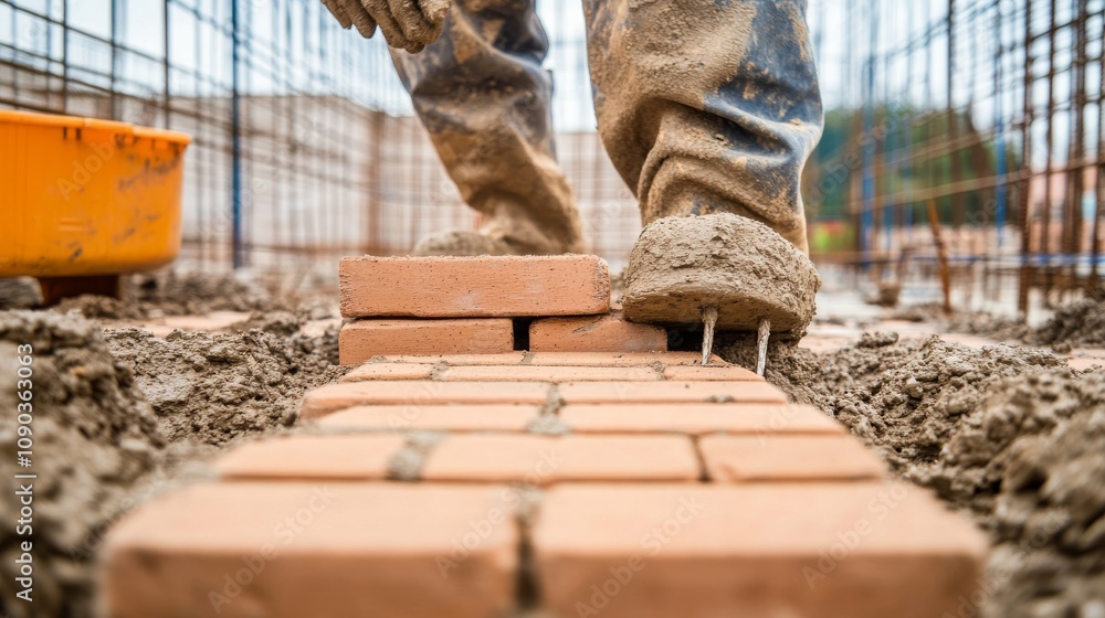 Poster a focused shot of a mason laying bricks on a construction site, masonry scene, methodical and struct