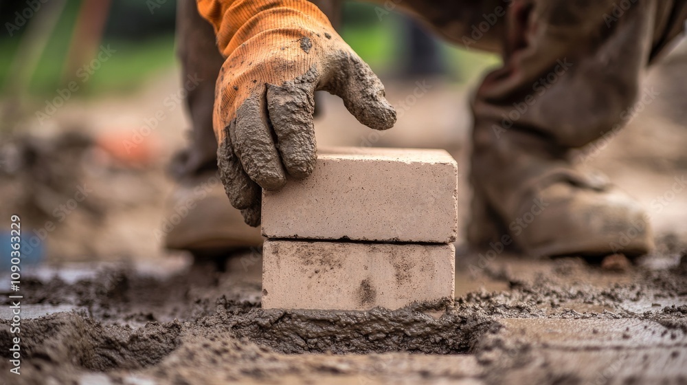 Poster a focused shot of a mason laying bricks on a construction site, masonry scene, methodical and struct