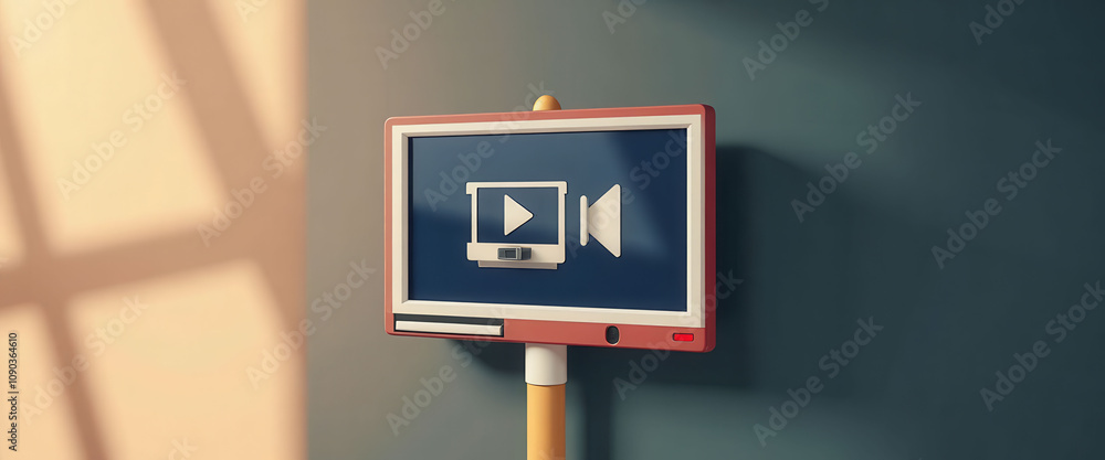 Poster a blue and red sign with a video player on it. the sign is on a stand and is in front of a window