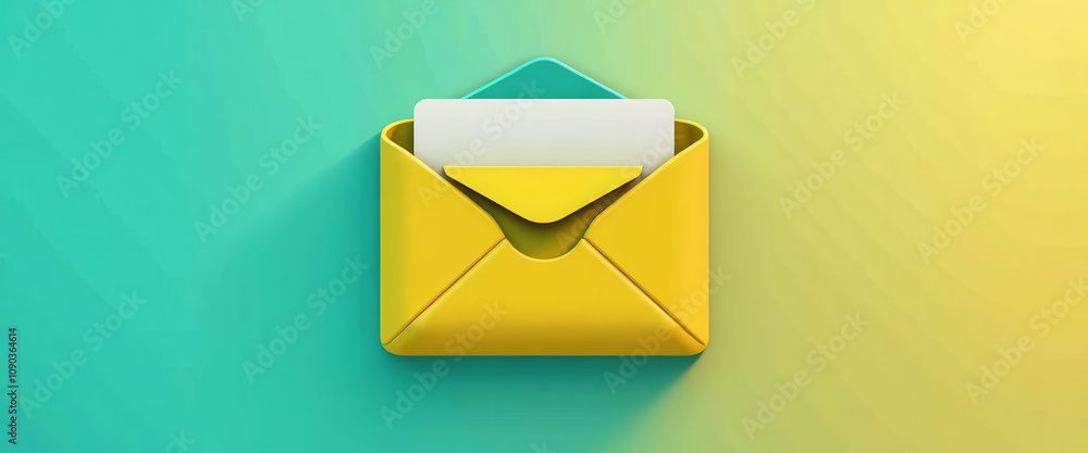 Poster a yellow envelope with a green background. the envelope is open and the inside is visible