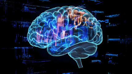 Digital representation of a brain with data overlay, illustrating AI and neural networks.