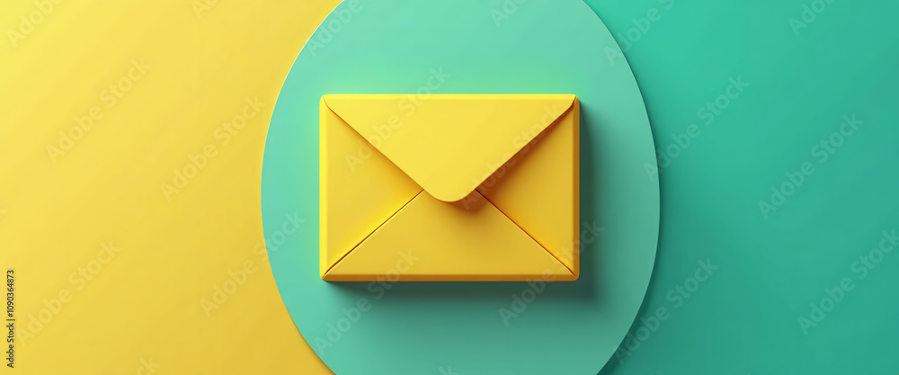 Poster a yellow envelope with a green background. the envelope is open and the inside is visible