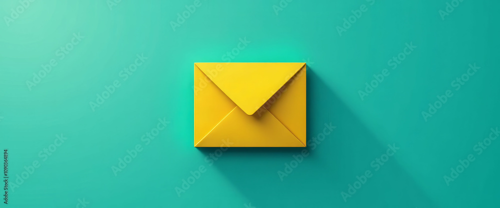 Poster a yellow envelope with a green background. the envelope is open and the inside is visible