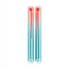 Two clear glass tubes with red and blue gradient liquid inside, isolated on white background.