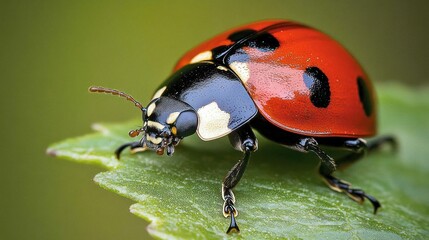 Fototapeta premium A close-up of a vibrant red ladybug resting on a green leaf.