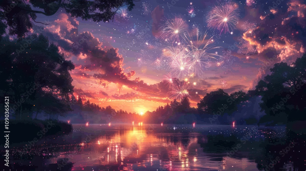 Poster a breathtaking sunset with fireworks exploding over a tranquil lake in a lush forest, creating a mag