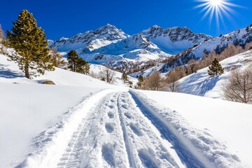 Air depicted in a high-altitude mountain setting, with crisp, clear skies and fresh snow