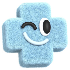 3D Blue Plus Shape Furry Character with Happy Face