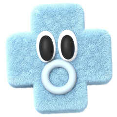 3D Blue Plus Shape Furry Character with Surprise Face