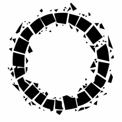 Abstract black circle fragmented into pieces, radiating outwards.