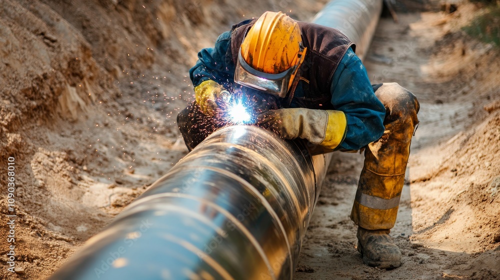Poster A focused shot of a welder performing pipeline welding on a gas pipeline construction site, Pipeline welding scene, Skilled and meticulous style