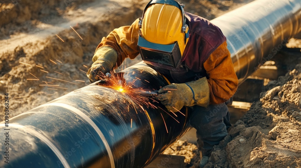 Aufkleber a focused shot of a welder performing pipeline welding on a gas pipeline construction site, pipeline