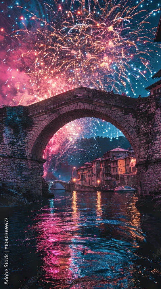 Poster a stone bridge arches over a calm river, reflecting the vibrant colors of fireworks exploding in the