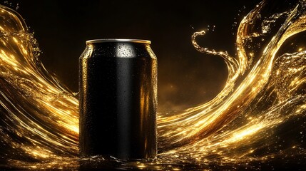 3D Mockup Template Black Drink Can Surrounded by Golden Splash of Liquid in a Dramatic Light Setting, Creating a Luxurious and Refreshing Atmosphere