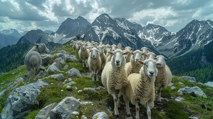 Fototapeta premium Flock of Sheep on a Mountain Path