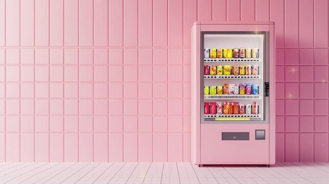White vending machine with pink background and sun light video footage copy space.