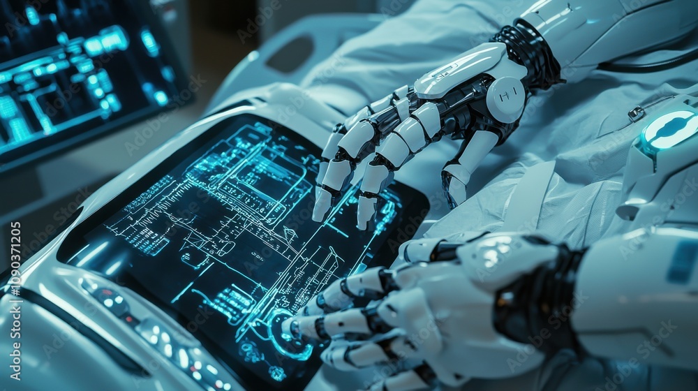 Poster futuristic robot with advanced control interface