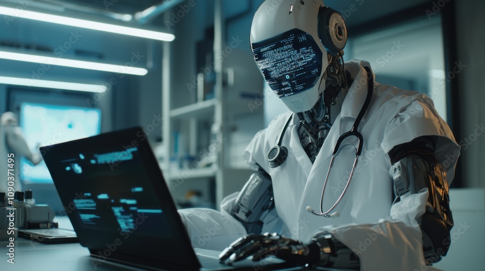 Poster robot doctor working with advanced technology in lab