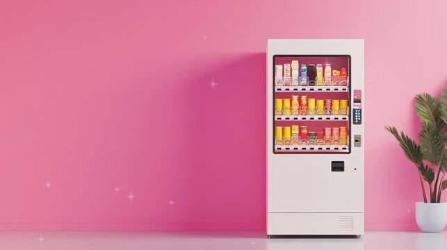 White vending machine with pink background and sun light video footage copy space.