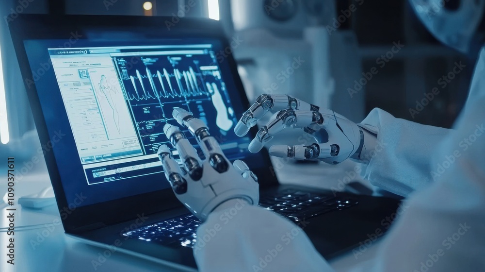 Poster advanced robot analyzing data on laptop screen