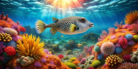 Obraz premium Smooth Trunkfish in Crystal Clear Caribbean Waters - Aerial Coral Reef Photography