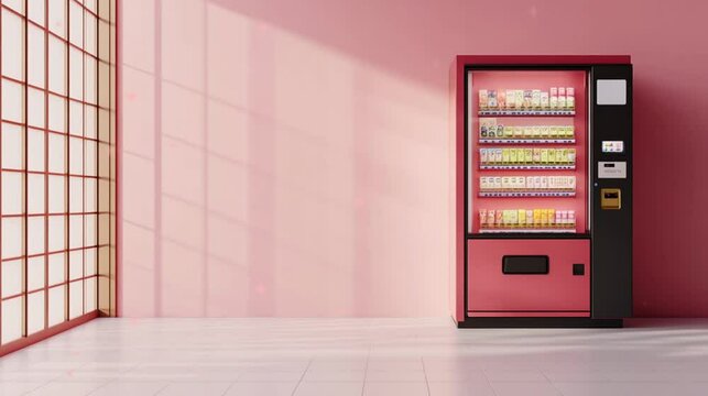 White vending machine with pink background and sun light video footage copy space.