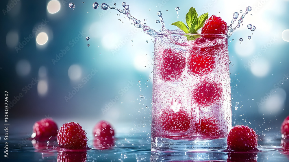 Poster sparkling raspberry water with splashing water drops