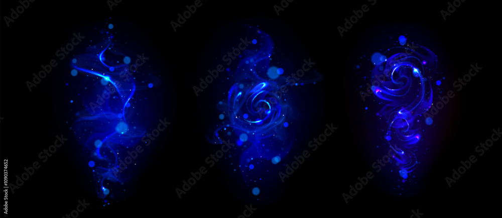 Poster magical blue glowing spirals of enchanted wand traces. luminous swirls with sparkles and mystical ef