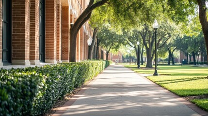 Fototapeta premium A serene pathway lined with trees and greenery, inviting leisurely strolls in a tranquil setting.