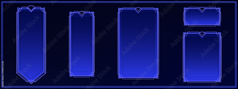 Poster decorative neon frames in different shapes with luminous blue glow on dark background. rectangular b