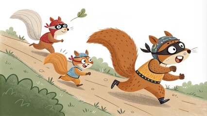 Fototapeta premium Energetic squirrels race back and forth wearing nutty masks with fluffy tails darting up and down the trail creating a whirlwind of activity.