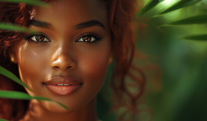 Fototapeta premium Portrait of african american woman with natural makeup for organic and beauty salon cosmetics advertising for skin, hair and face products