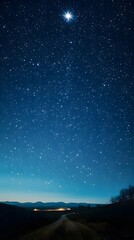 Naklejka premium Starlit night sky with bright star over calm rural landscape horizon