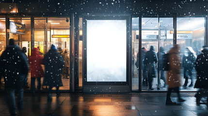 Fototapeta premium Blank subway poster mockup at a busy winter train station passengers in coats and scarves rushing by with snow falling