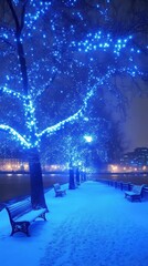 Blue fairy lights wrapped around trees on the Thames, London. 