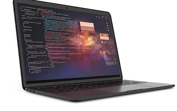Laptop displaying code on dark background.