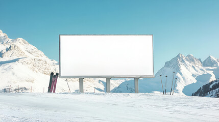 Blank white billboard mockup at a ski resort with snowboards and ski poles leaning against its snowy peaks in the background