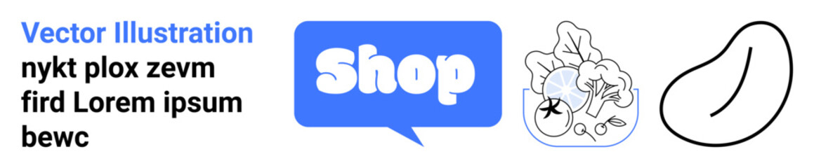 Blue speech bubble with Shop text, various fruits and vegetables, and abstract shape on clear background. Ideal for online shopping promotion, marketing, e-commerce, grocery stores