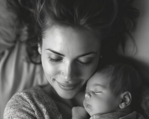 A serene moment of pure love as a mother cradles her newborn, their bond illuminated by gentle light.