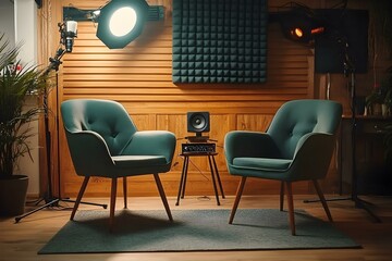 Modern Podcast Studio with Sofa Setup for a Podcast