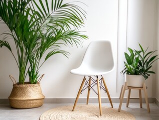 Fototapeta premium White Chair Plants and Woven Basket Interior Decor