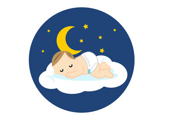 睡眠、寝る、リラックス、イラスト、眠り、人物、かわいい、健康、眠る、子供、ねむり、寝、挿絵、赤ちゃん、赤ん坊、乳児、キッズ、ベビー、雲、空、夜、夜空、快眠、子ども、こども、月、おむつ、オムツ、枠なし