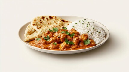 Flavorful Butter Chicken Curry Served with Basmati Rice and Naan Bread