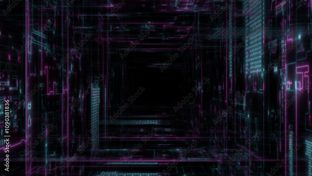 Aufkleber futuristic digital corridor with neon lights and abstract geometric patterns