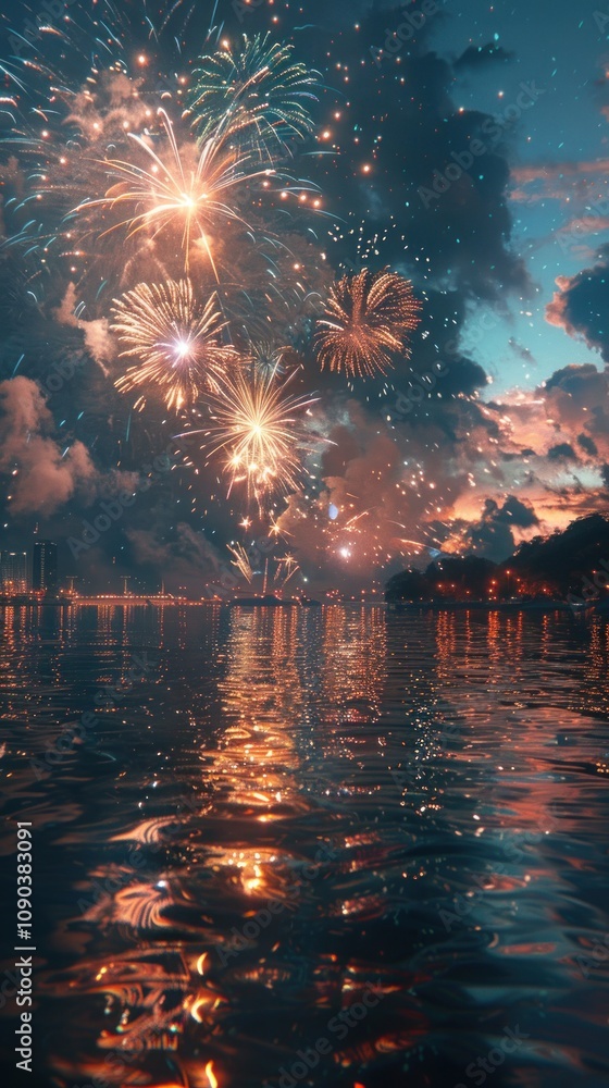 Poster a breathtaking view of fireworks exploding over a calm body of water at dusk, with the reflection of