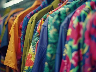 The vibrant array of jackets on display, showcasing a variety of rainbow colors and patterns.