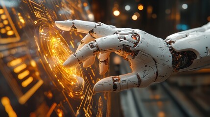 A close-up of a robot hand touching a holographic display, hyper-detailed with reflections of light and shadows.