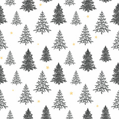 Obraz premium Fir tree seamless pattern. Beautiful Christmas background with hand drawn abstract fir trees. Ready Happy New Year surface pattern print design.